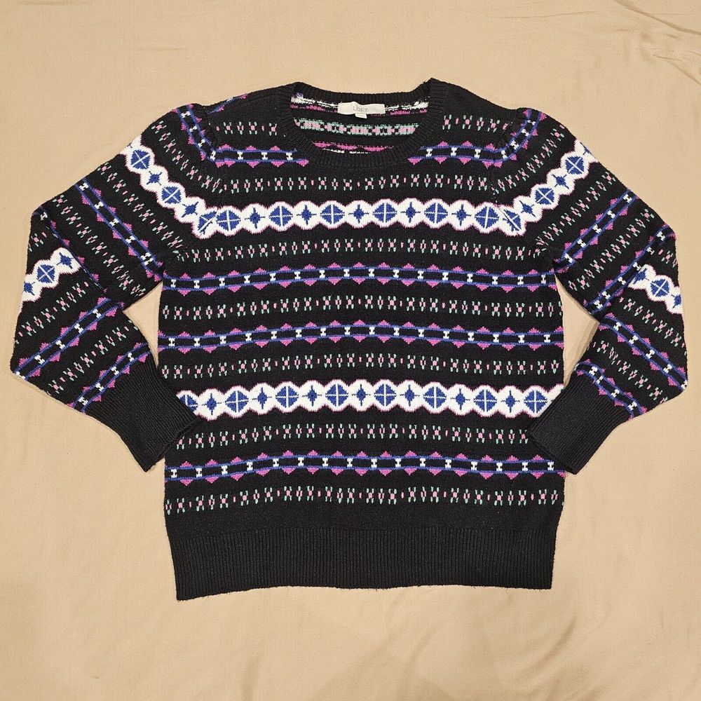 Loft Pullover Knit Sweater‎ Black Geometric Warm Soft Large